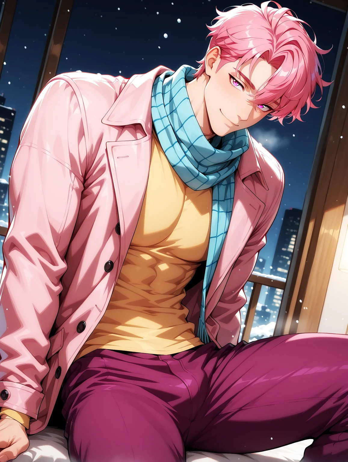 masterpiece, best quality, perfect hands, hyper-Detailed, amazing quality, very aesthetic, amazing quality, dynamic angle, solo, imtdgary, 1boy, manly, masculine, male, fit body, scarf. pink hair, short hair, pink eyes, pink coat, purple pants, yellow shirt, sitting, looking at viewer, seductive look, smile, closed mouth. sexy