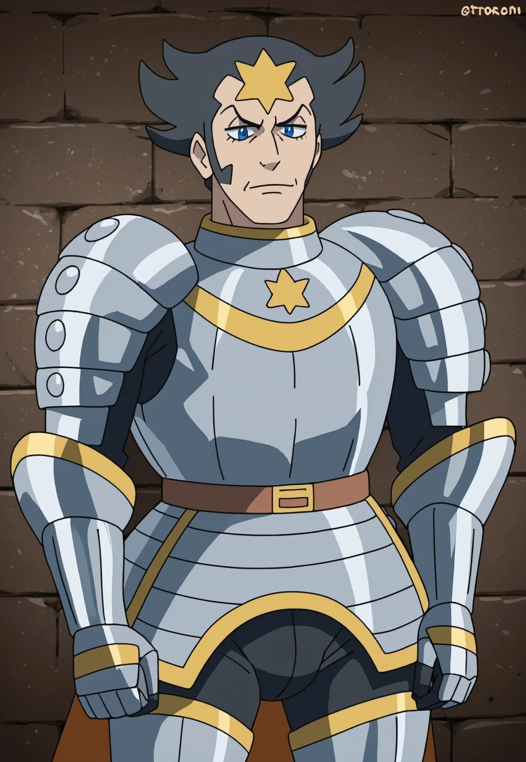 safe_pos, score_9, score_8_up, score_7_up, source_anime, rating_nsfw, ultra hd, absurdres, solo, masterpiece, best quality, best aesthetic, Expressiveh, wolfconf, burankoprn!, 1boy
PokemonWikstrom, black hair, short hair, armor, blue eyes, star (symbol), angry