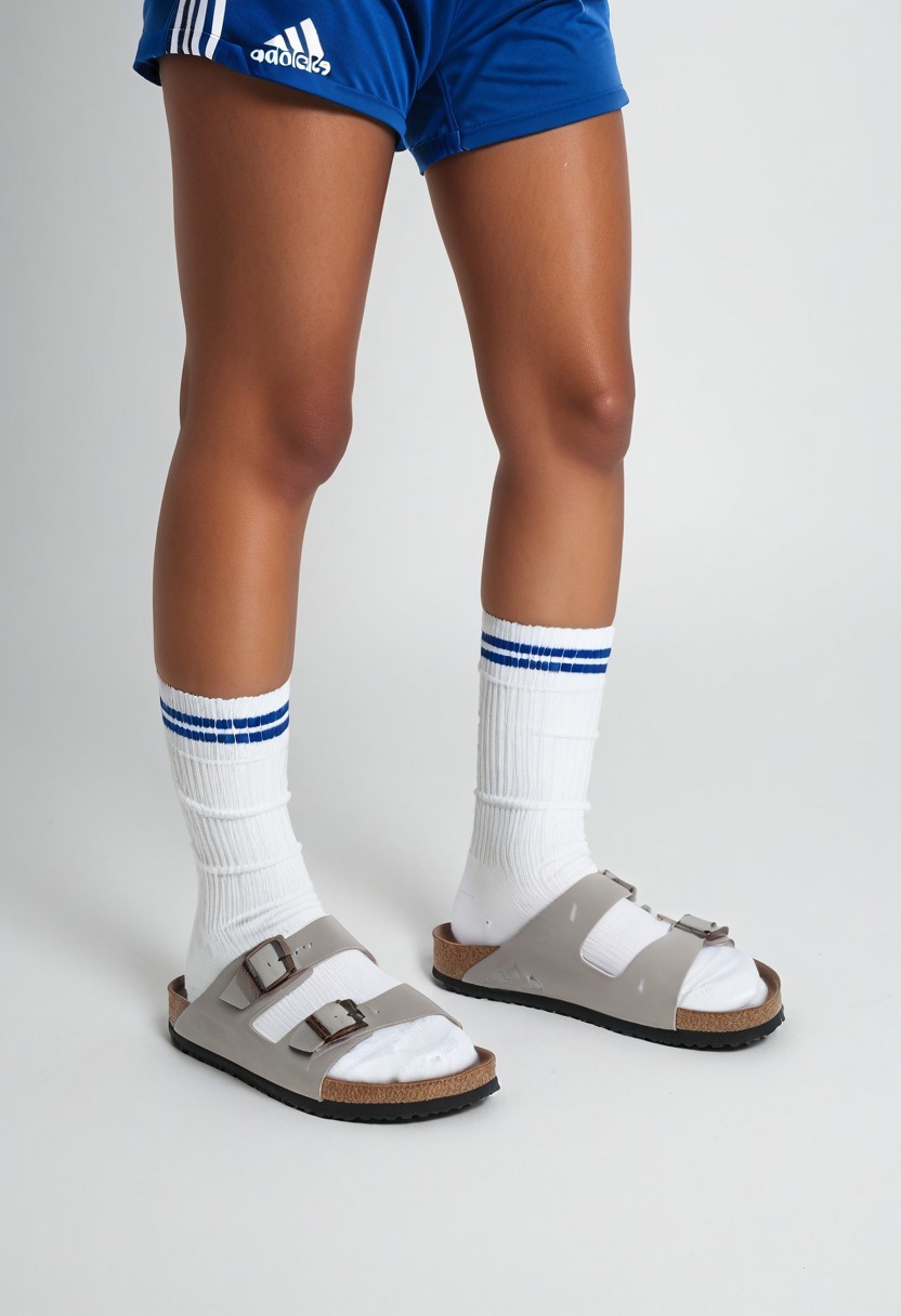 photorealistic, masterpiece, best quality.
1girl, solo, simple_background, white_background, standing.
calves, thighs, adidas_shorts, lower_body, slippers, footwear_focus, scksnsndls, birksonsocks.