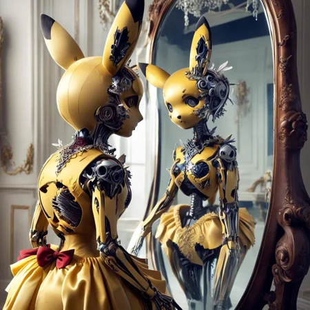[pikachu mirror reflection : [pikachu | undead] reflection, intricate skeletal body :30]
BREAK
beautiful pikachu, from behind, looking into a mirror  <lora:GeorgianStyle:1> GeorgianStyle