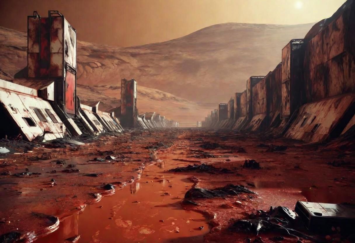 EdobHorrorLandscape,
A landscape of a deserted mars base,
hopeless, nightmare, 
trash, corpses, blood,