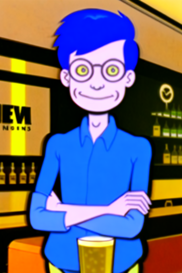 <lora:Kevin_French_-_Mission_Hill_1999_08:0.9> kevin_french, 1boy, short hair, blue hair, glasses, light blue shirt, button down shirt, solo, yellow sclera, rolled up sleeves, bar, holding pint glass, drunk, smile,<lora:LCM_SD15:1.0>