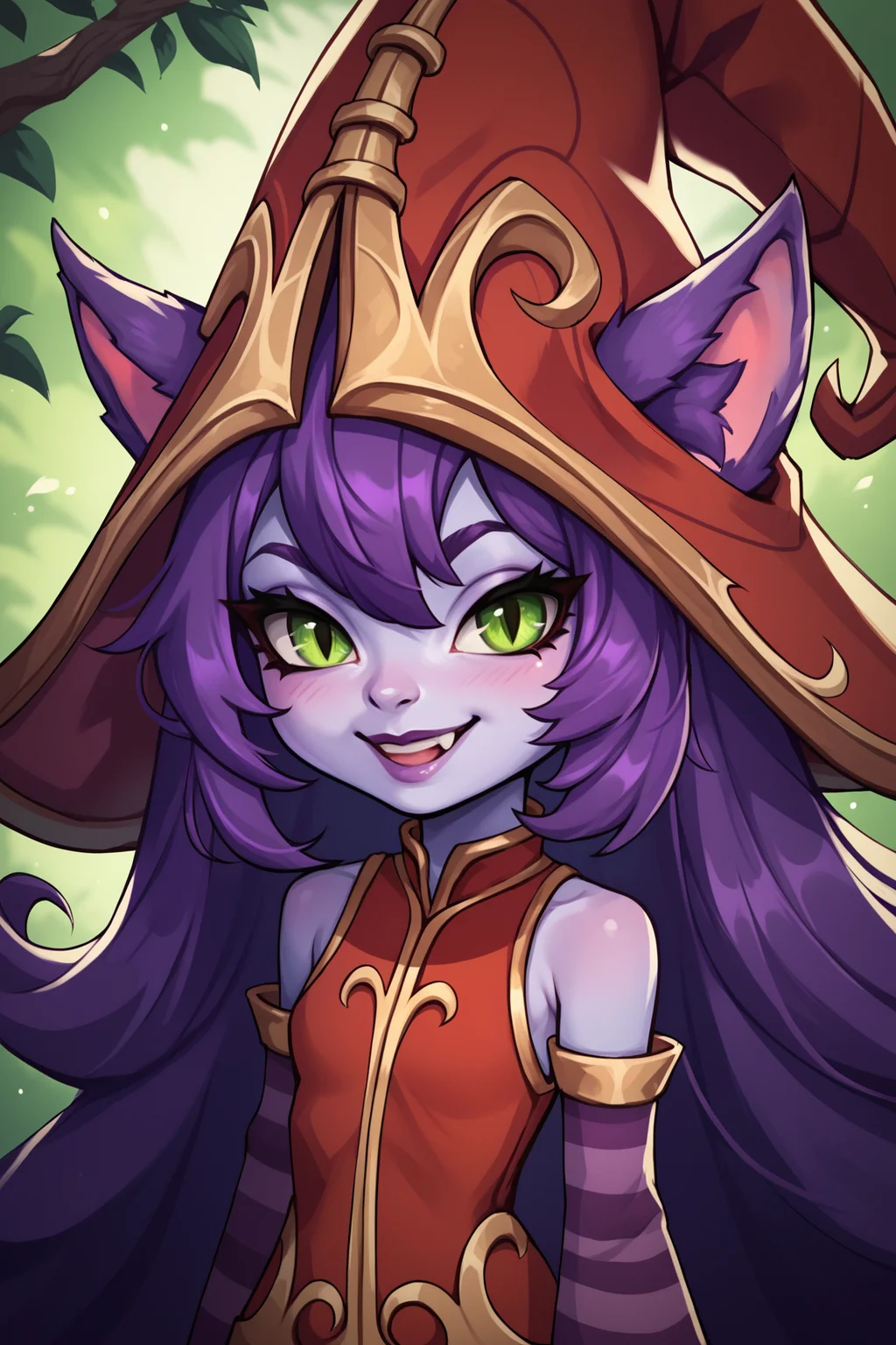 score_9, score_8_up, score_7_up, score_6_up, score_5_up, score_4_up, LuluLoLXL, yordle, green eyes, purple hair, very long hair, sidelocks, bangs, animal ears, purple skin, colored skin, witch hat, ears through headwear, red dress, purple striped sleeves, (portrait shot, upper body:1.2), seductive smile, looking at viewer, forest, tree <lora:LuluLoLXL:0.7>
