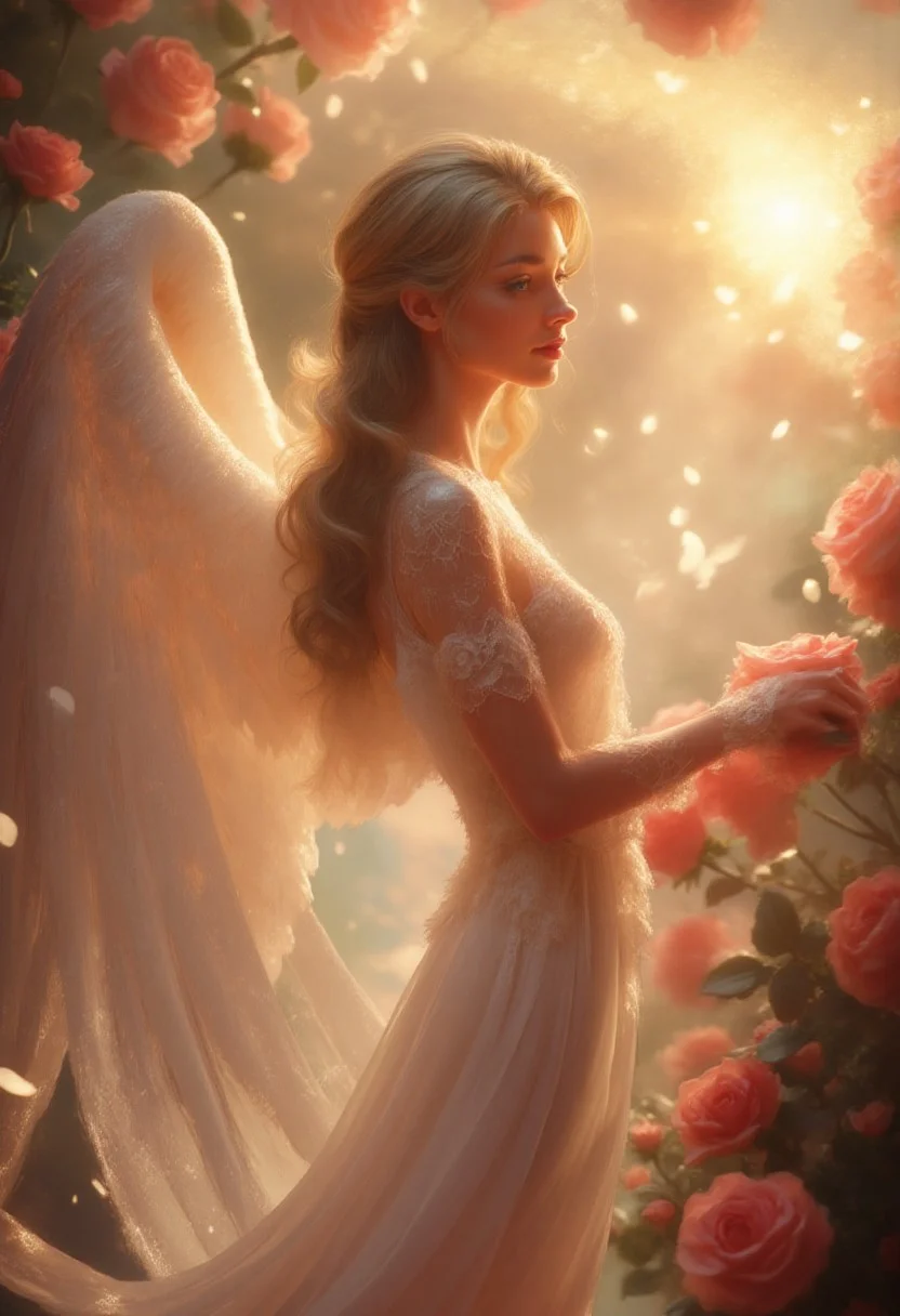 {{A ((serene and ethereal)) depiction of {((a celestial angel with delicate, luminous wings, gently resting among blooming roses))}}} with {((a soft glow emanating from her presence, petals swirling around her in a dreamlike motion))}. This is a {((fantasy romanticism))}-inspired image that showcases {((graceful elegance and divine beauty))}. The environment/background should be {((a lush rose garden bathed in golden sunset hues, petals drifting in the wind))} to create an {((enchanting and otherworldly atmosphere))}. The image should be in the style of a {((high-fantasy digital painting))}, incorporating elements of {((Luis Royo, Loish, and Artgerm's soft detailing and color harmony))}. The {((medium shot))}, captured with a {((85mm short telephoto))} lens, will provide a {((romantic and intimate perspective))}. The lighting should be {((soft and diffused))}, emphasizing {((the angel's radiant aura and the glow of the sunset on the roses))}. The desired level of detail is {((ultra-high))} with a {((4K resolution))}, highlighting {((the intricate lace of the angel's robe, delicate petals, and the shimmering feathers of her wings))}. The goal is to create a {((mesmerizing and poetic))} image that captivates viewers with its {((sense of peace, love, and divine elegance))}.