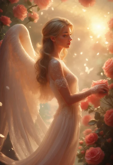 {{A ((serene and ethereal)) depiction of {((a celestial angel with delicate, luminous wings, gently resting among blooming roses))}}} with {((a soft glow emanating from her presence, petals swirling around her in a dreamlike motion))}. This is a {((fantasy romanticism))}-inspired image that showcases {((graceful elegance and divine beauty))}. The environment/background should be {((a lush rose garden bathed in golden sunset hues, petals drifting in the wind))} to create an {((enchanting and otherworldly atmosphere))}. The image should be in the style of a {((high-fantasy digital painting))}, incorporating elements of {((Luis Royo, Loish, and Artgerm's soft detailing and color harmony))}. The {((medium shot))}, captured with a {((85mm short telephoto))} lens, will provide a {((romantic and intimate perspective))}. The lighting should be {((soft and diffused))}, emphasizing {((the angel's radiant aura and the glow of the sunset on the roses))}. The desired level of detail is {((ultra-high))} with a {((4K resolution))}, highlighting {((the intricate lace of the angel's robe, delicate petals, and the shimmering feathers of her wings))}. The goal is to create a {((mesmerizing and poetic))} image that captivates viewers with its {((sense of peace, love, and divine elegance))}.