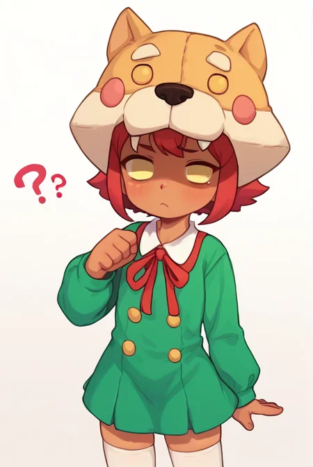 score_9, score_8_up, score_7_up, <lora:shinita:1> shinita , 1 girl , dark-skinned female, red hair, no pupils, green dress, long sleeves, white thighhighs, red ribbon, shaded face, ,dog headwear , confused, <lora:PossumMachine:1>posmach , looking at viewer, randoseru, heart,