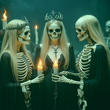 <lora:80sFantasyMovieSDXL2:1> ArsMovieStill, 80s Fantasy Movie Still, The image shows three people dressed up as skeletons standing in a dark and eerie setting. The person on the left is a blonde woman with long hair wearing a black dress and a headpiece with a crown on her head. She is holding a lit candle in her hands and appears to be looking at the other two people. The two people in the middle are wearing black robes with silver accents and headpieces with skulls on their heads. The background is dark and ominous with a hint of smoke and flames. The overall mood of the image is eerie and mysterious., blonde hair, candle, skeleton, 1girl, long hair, jewelry, dress, multiple boys, holding, skull