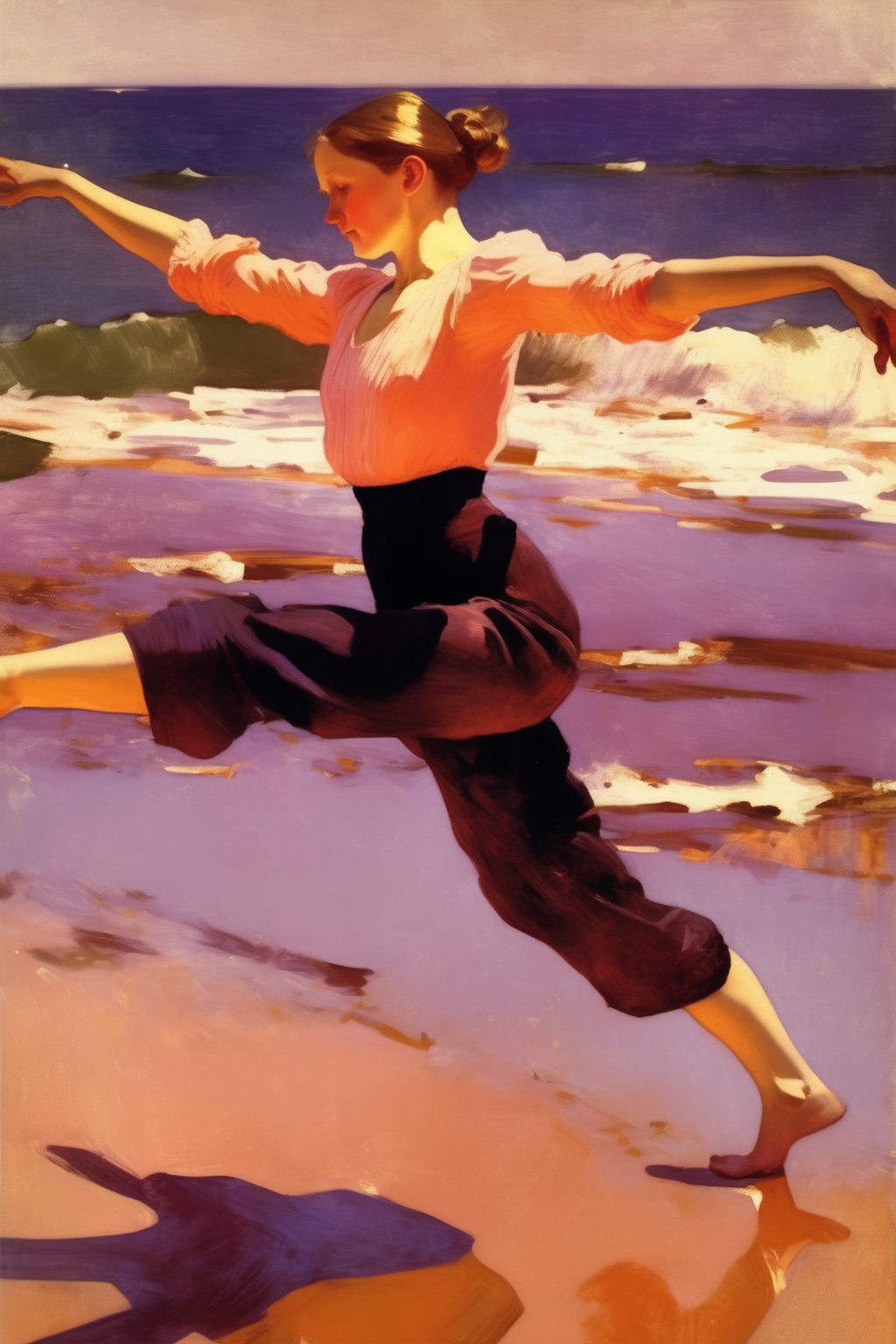 <lora:Winslow Homer Style:1>Winslow Homer Style - an female doing gymnastics at the beach Sorolla style