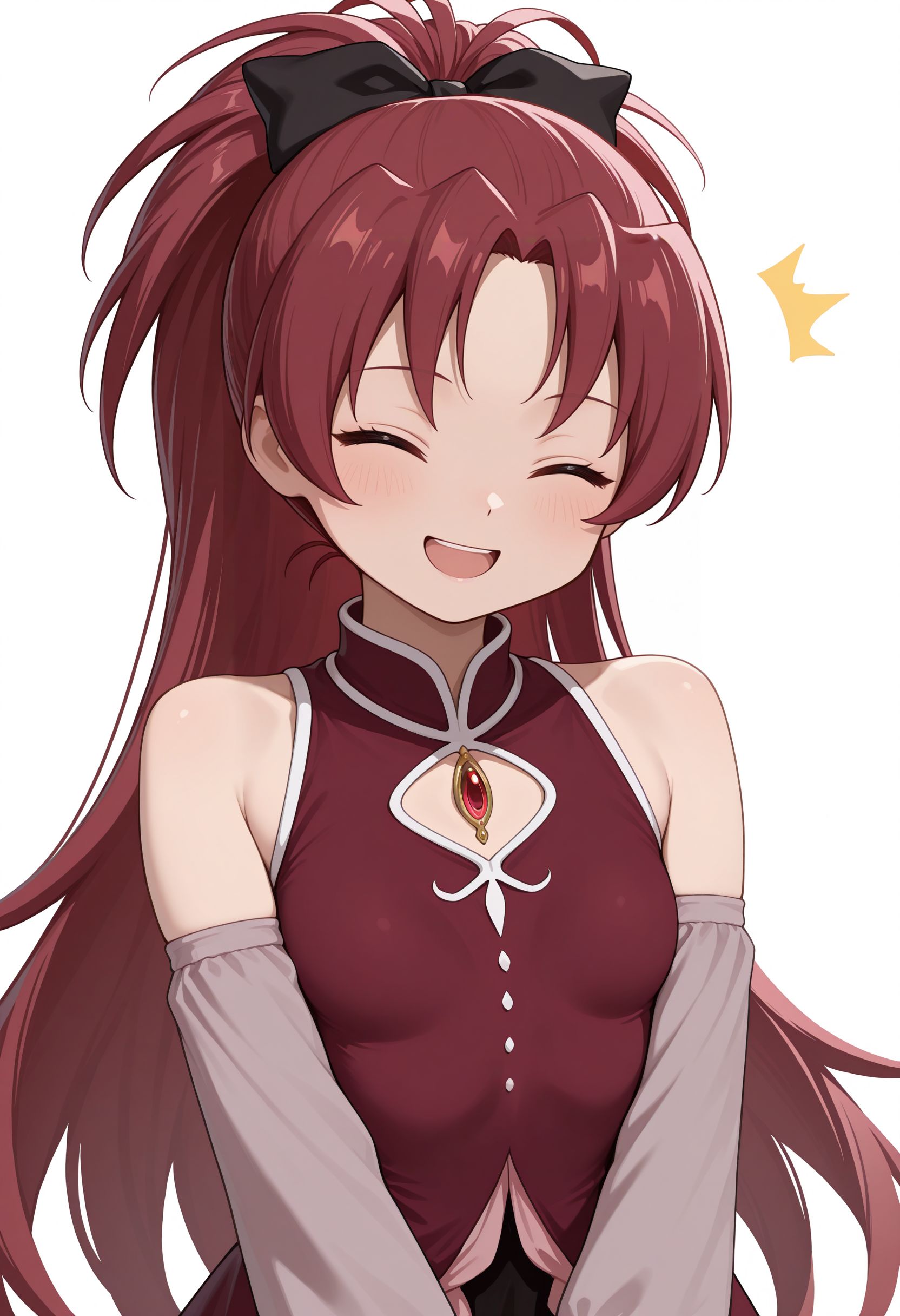 masterpiece, best quality, amazing quality, very awa,absurdres,newest,very aesthetic, looking at viewer,
closed eyes, smile, open mouth, white background, simple background, upper body, facing viewer, ^^, standing, 
 <lora:Sakura Kyoko illu v2:1> 1girl, long hair, bow, ponytail, hair bow, red hair, red eyes, ribbon,, black bow, bare shoulders, magical girl, detached sleeves, very long hair, black thighhighs, red dress, hair ribbon, long sleeves, small breasts,