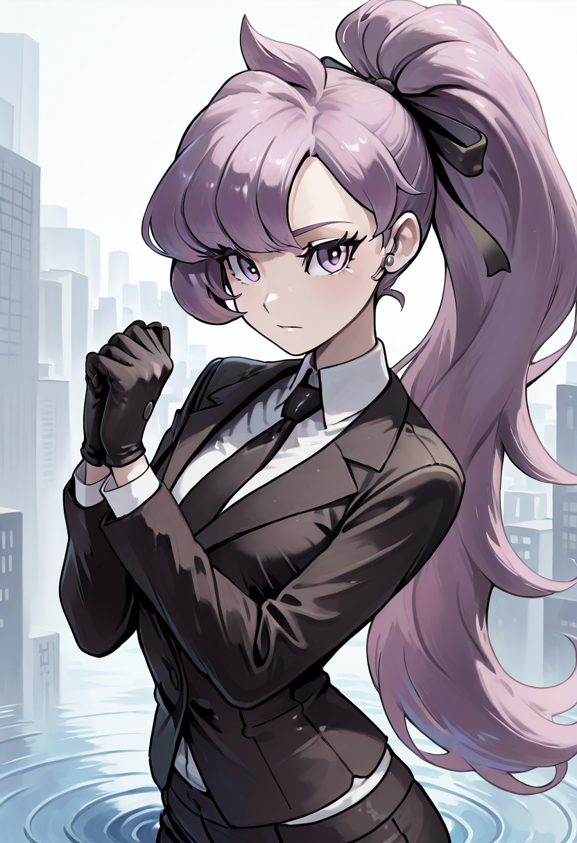 masterpiece, best quality, 1girl, solo, eyelashes, (beautiful eyes),     zzAnabel, purple hair, purple eyes, long hair, ponytail, ribbon, hair ribbon, bangs, black ribbon, black suit, formal, black tie, black gloves â Bathed in the soft glow of an overcast sky, Anabel stands motionless at the edge of a marble terrace, the city skyline looming faintly behind her. Her long purple hair, tied back with a subtle black ribbon, ripples in the breeze, each strand catching the light like silk. Her tailored black suit fits flawlessly, the crisp tie and gloves completing her immaculate appearance. Her expression is unreadableâcalm, yet heavy with something hidden beneath. With her gloved hands folded neatly in front of her, she gazes forward, eyes reflecting both elegance and quiet tension, as if anticipating a confrontation or silently mourning a secret. The mood is cool, subdued, and cinematic, like a single frame from a noir masterpiece.  , <lora:AnabelPokemon_IXL_v2:1.0>,