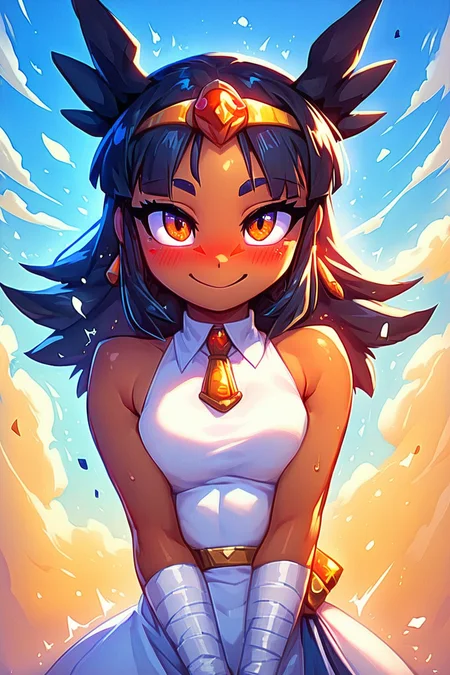 score_9, score_8_up, score_8, medium breasts, (curvy), cute, eyelashes, BREAK, , zzToto, dark skin, 1girl, blush, black hair, jewelry, sky, day, bandages, white dress, sleeveless dress, <lora:Toto_Takatsu_PDXL:0.8>, , BREAK, embedding:zPDXL, Expressiveh, <lora:EnergyCAT:1.0>, solo, smile, looking at viewer, aura, blue sky, <lora:SDXLFaeTastic2400:0.5>, <lora:Expressive_H-000001:0.4>,