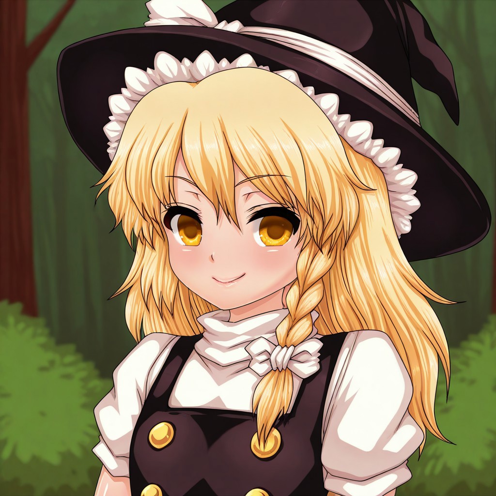 pixelated, pixel_art, n \(dai n honpo\), masterpiece, best quality, BREAK, 1girl, solo, krisame_marisa, smile, facing_viewer, looking_at_viewer, flat_chest, clothed_female, blurry_background, forest, upper_body,