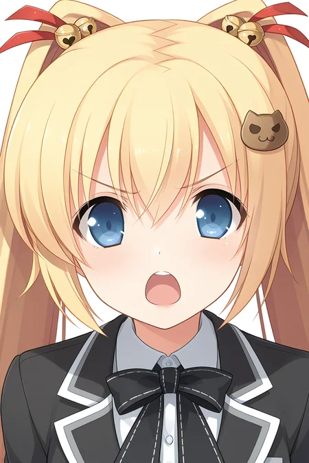 masterpiece, best quality, absurdres, official art, official style, rating general BREAK <lora:asasakameguri_IL_v1-4:0.7>, asasaka meguri, 1girl, solo, blue eyes, blonde hair, twintails, hair between eyes, very long hair, hair ribbon, red ribbon, hair bell, jingle bell, cat hair ornament, small breasts, looking at viewer, school uniform, long sleeves, black jacket, white shirt, black bowtie, black necktie, short necktie, blazer, buttons, emblem, collared shirt, striped sleeves, upper body, portrait, close-up,
blush, :o, angry, front view, looking at viewer, open mouth, v-shaped eyebrows