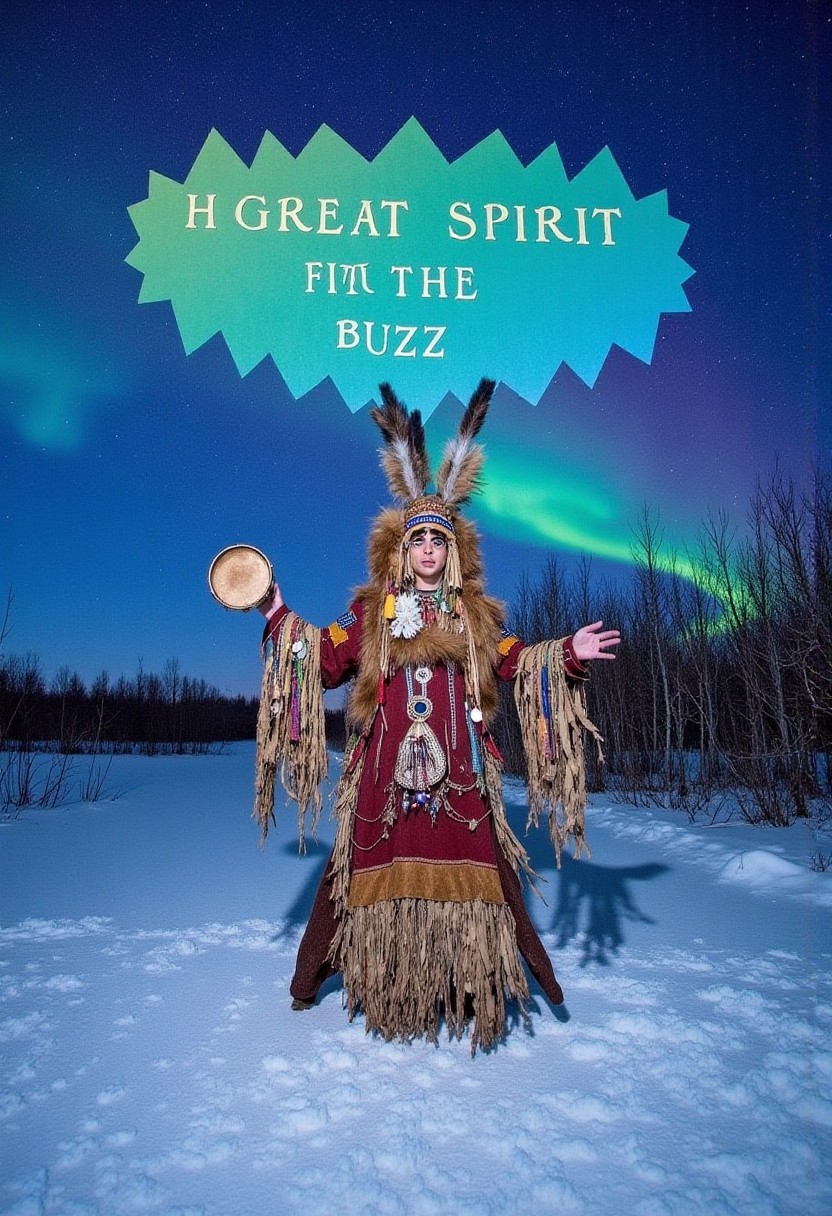 A shaman girl dances in the snow, beats a tambourine.  A very big speech bubble above the reads, "HGreat spirit father, give me buzz".  The night sky with the aurora borealis (An image with very contrasting and vivid psychedelic colors)