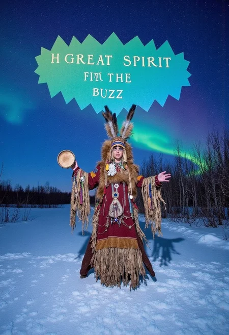 A shaman girl dances in the snow, beats a tambourine. A very big speech bubble above the reads, "HGreat spirit father, give me buzz". The night sky with the aurora borealis (An image with very contrasting and vivid psychedelic colors)