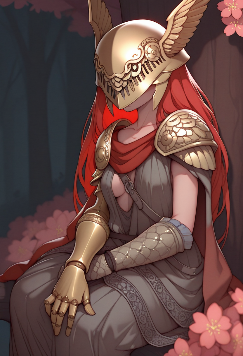 jybstyle,  masterpiece, best quality, solo,                                                                                    MALENIA, golden helmet, robe, bronze arm, sitting under  a tree blossom,