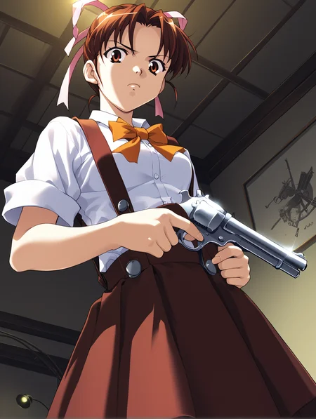 score_9, score_8_up, score_7_up, <lora:mikagura-v2-ponyxl:1>
kanosetomoe, pink hair ribbon, dress shirt, orange bowtie, suspender skirt
1girl, solo, looking at viewer, revolver, trigger discipline, aiming at viewer, frown, indoors, from below, dim lighting