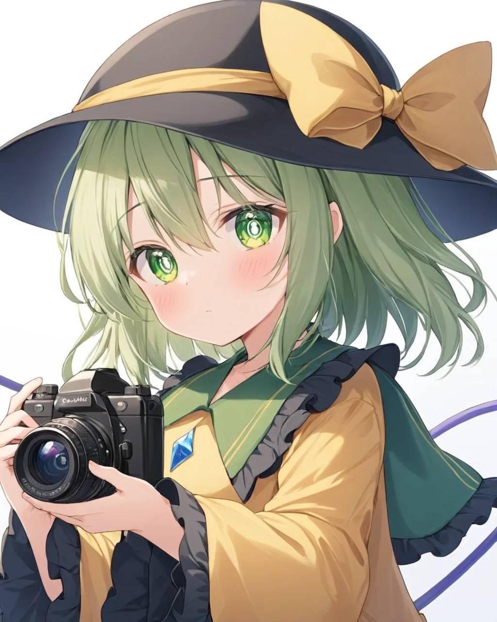 komeiji koishi,1girl, solo, holding_camera, looking_at_viewer, yellow_shirt, upper_body, black_headwear, long_sleeves, white_background, third_eye, simple_background, blush, depth_of_field, hat_bow, rose, wide_sleeves, yellow_bow, frilled_sleeves, blouse, hat_ribbon, yellow_ribbon
<lora:komeiji_koishi_image10724_2023-12-20-000004:1>,star-shaped_pupils,symbol-shaped_pupils,. gorgeous,key visual, vibrant, studio anime,award-winning, professional, highly detailed,high budget, cinemascope