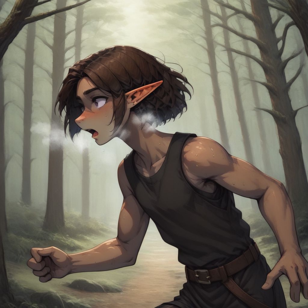 ASCIILapanya, 1 person, pointy ears, 3 fingers 1 thumb, snout nose, flat chest, small nostrils
side view, close-up 
olive-tone skin, tall, square jaw, violet irises, dark brown hair, straight bob haircut parted in the middle, athletic build
fully clothed, black sleeveless tunic, brown breeches, belt 
((running, dashing through forest, mouth open, breathing hard))
outdoors 
clean lines, highly detailed, high quality, best quality,  rating: safe