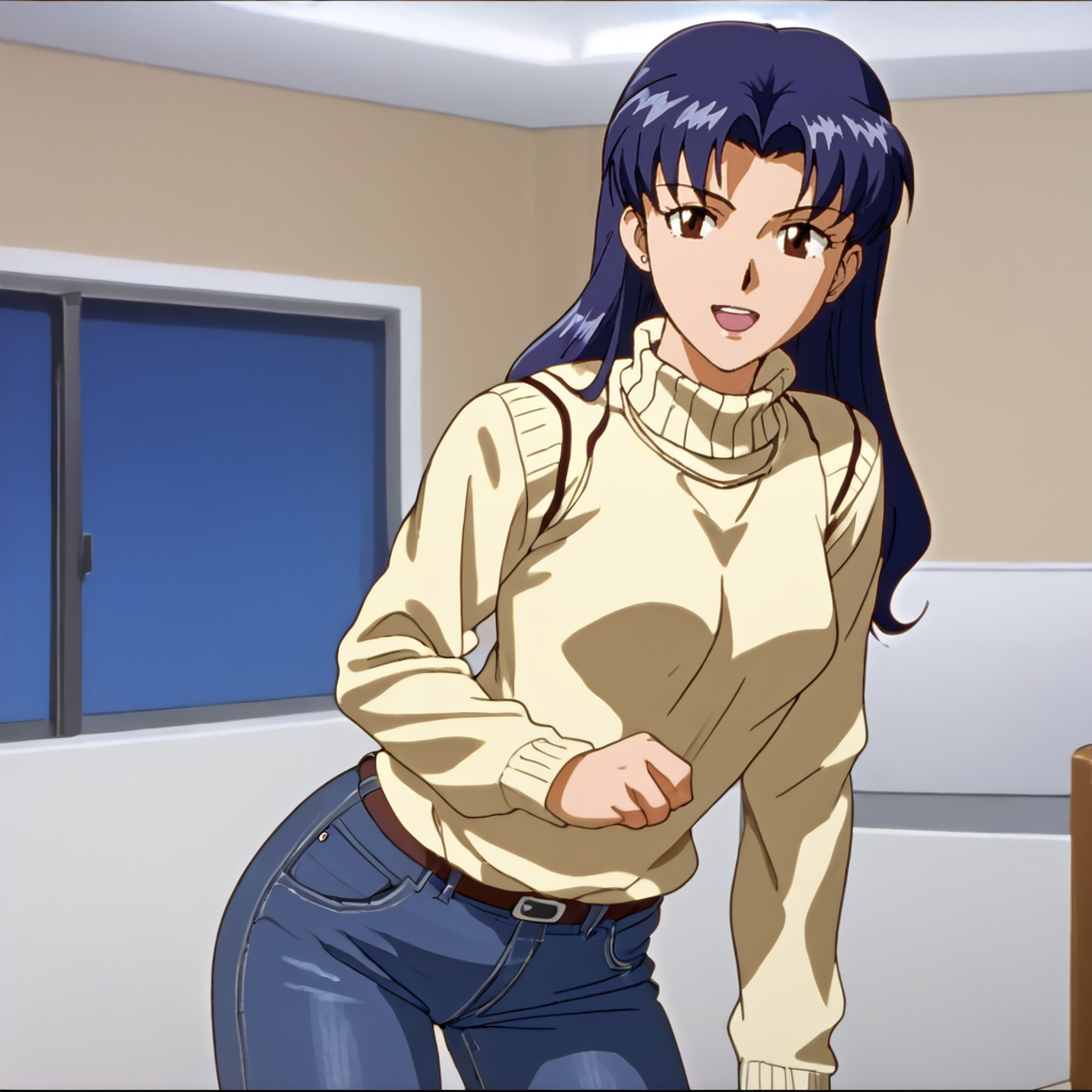 <lora:misatoevangelion_pony_v1:1>  Misato, katsuragi misato, 1girl,  long hair, brown eyes, blue hair,  sweater, jeans