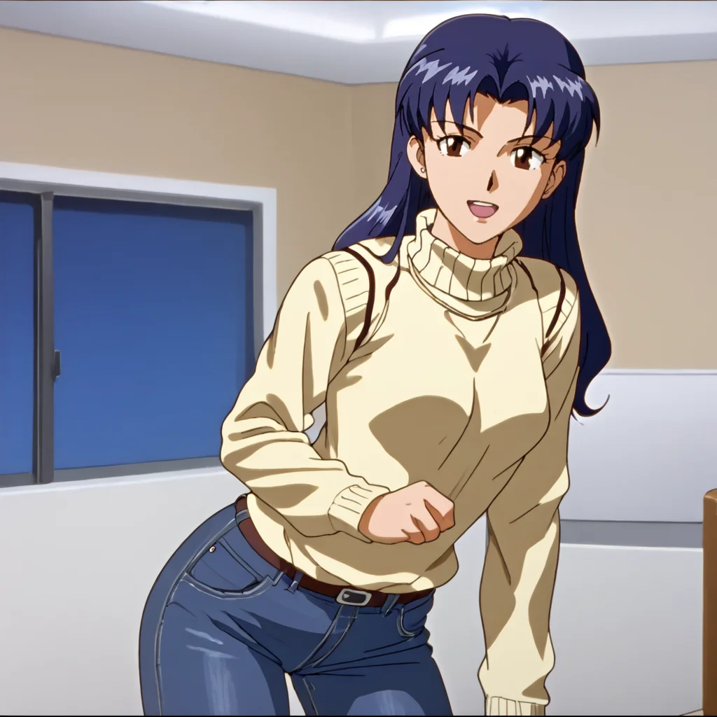 <lora:misatoevangelion_pony_v1:1> Misato, katsuragi misato, 1girl, long hair, brown eyes, blue hair, sweater, jeans