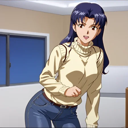 <lora:misatoevangelion_pony_v1:1>  Misato, katsuragi misato, 1girl,  long hair, brown eyes, blue hair,  sweater, jeans