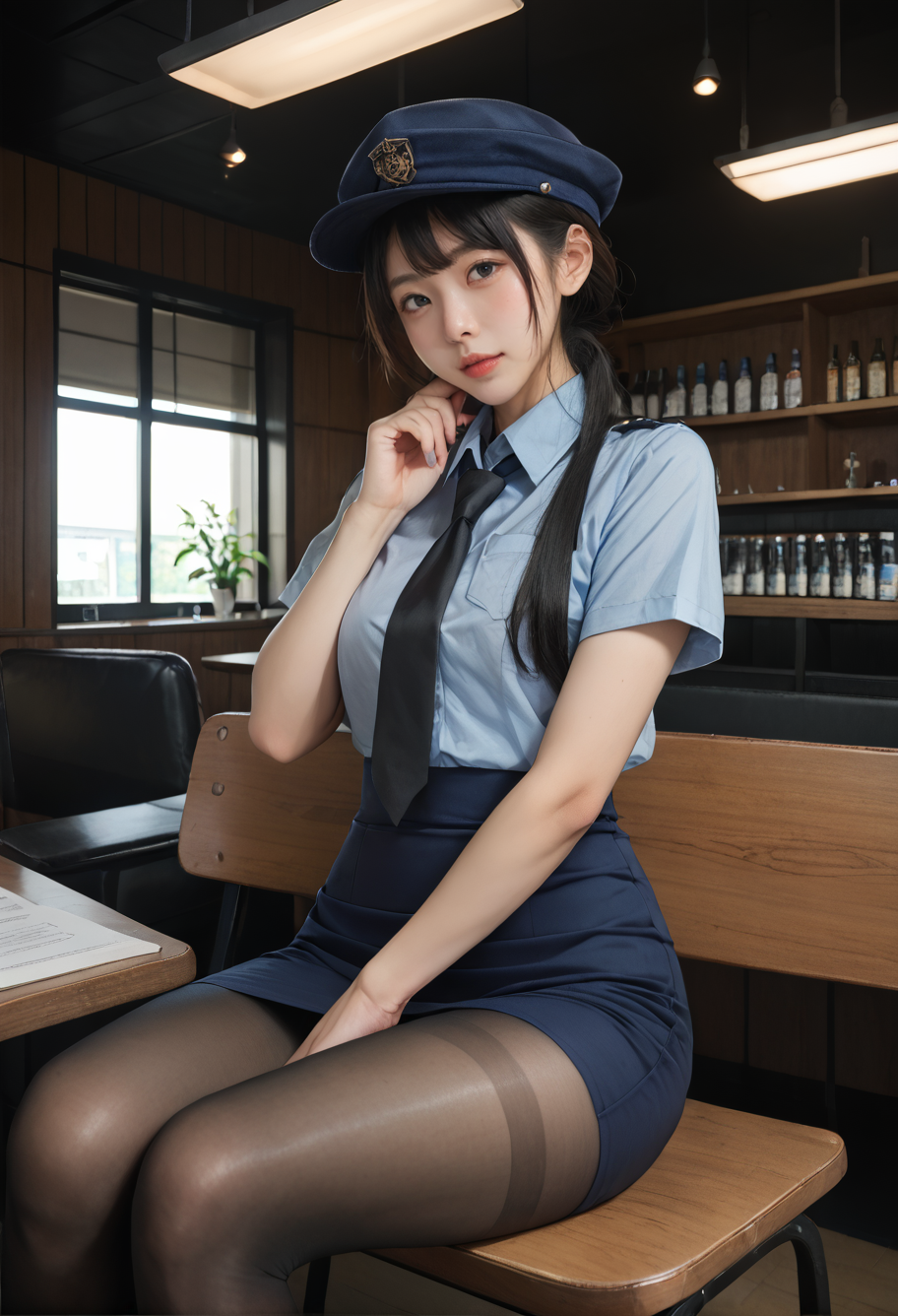 ,ruanyi0822,,ruanyi0820,black necktie,blue hat,blue shirt,blue skirt,black pantyhose,short sleeves,pencil skirt,indoors,sitting,<lora:0822 bar interior_v1_pony:1>,<lora:0820 tokisaki kurumi policewoman fan costume_v1_pony:0.7>, score_9,score_8_up,score_7_up,,8k,1girl,solo,,