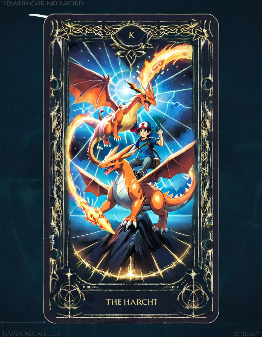 In this Tarot card,Ash Ketchum on his Pokémon journey represents 'The Chariot.' He's seen riding a powerful Charizard, symbolizing determination, control, and the drive to succeed, with various Pokémon flanking him, showcasing his leadership and adventurous spirit<lora:edrtcard:0.7>