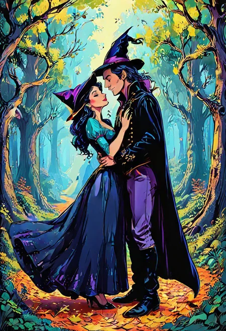 master piece, best quality, a male magician is kissing a female witch in a forest, romantic, highly intricate, Disney style,animated film, cartoon