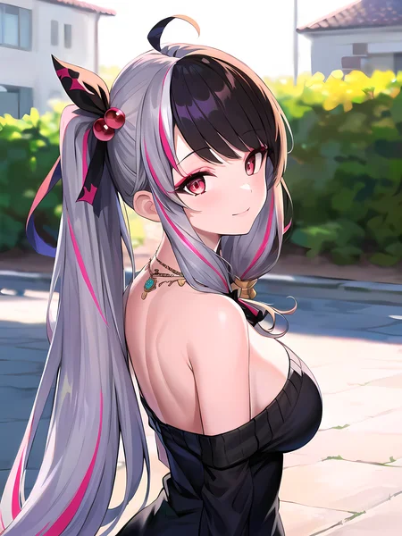 modelshoot style, (masterpiece:1.3), (absurdres:1.3), (best quality:1.3), (8K), (large masterpiece digital art), (detailed manga illustration), (handled hair), pureerosface_v1, perfect anatomy, (sharp eyeliner, eyeshadow, detailed eyes:1.1), (intricate details:1.3), (ultra-detailed:1.3), (illustration:1.3), (sharp focus:1.3), (natural lighting:1.05), (vivid colors:1.3), BREAK <lora:yorumiRenaNijisanji_v1:0.7>, 1girl, solo, yorumi_rena, multicolored hair, red eyes, (grey hair, black hair, split-color hair),(red hair, streaked hair), twintails, hair ornament, ahoge, hair ribbon, bangs, hair bobbles, black bow, large breasts, cleavage, very long hair, hair bow, , off shoulder, off shoulder sweater, sweater dress, necklace, bare shoulders, upper body, light smile, closed mouth, from behind, back focus, BREAK outdoors, street