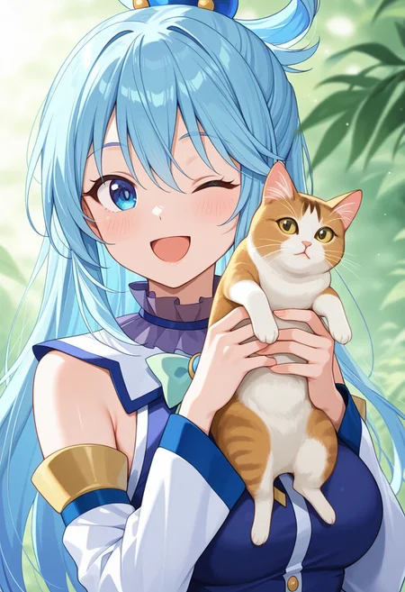 vibrant anime image, masterpiece, colourful, Aqua (Konosuba) holding a cat