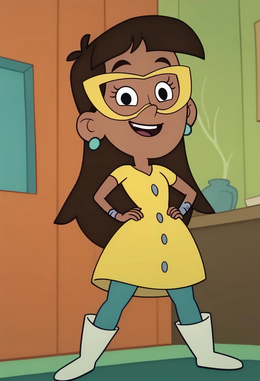 score_9, score_8_up, score_7_up, BREAK midjourneylora VicSol, 1girl, brown skin, long dark brown hair, blunt bangs, black eyes, yellow glasses, cyan pearl earrings, right arm metal bracelet, short-sleeved buttoned yellow dress, blue tights, long white boots, full body, solo, solo focus, alone, happy at viewer, cartoon, source_cartoon, home indoors, home background,