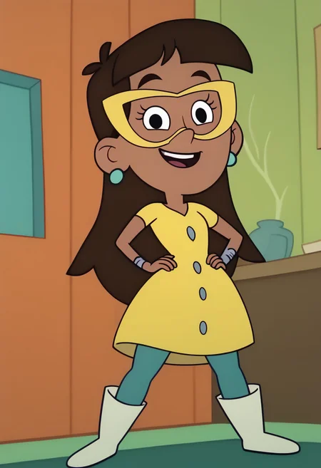 score_9, score_8_up, score_7_up, BREAK midjourneylora VicSol, 1girl, brown skin, long dark brown hair, blunt bangs, black eyes, yellow glasses, cyan pearl earrings, right arm metal bracelet, short-sleeved buttoned yellow dress, blue tights, long white boots, full body, solo, solo focus, alone, happy at viewer, cartoon, source_cartoon, home indoors, home background,