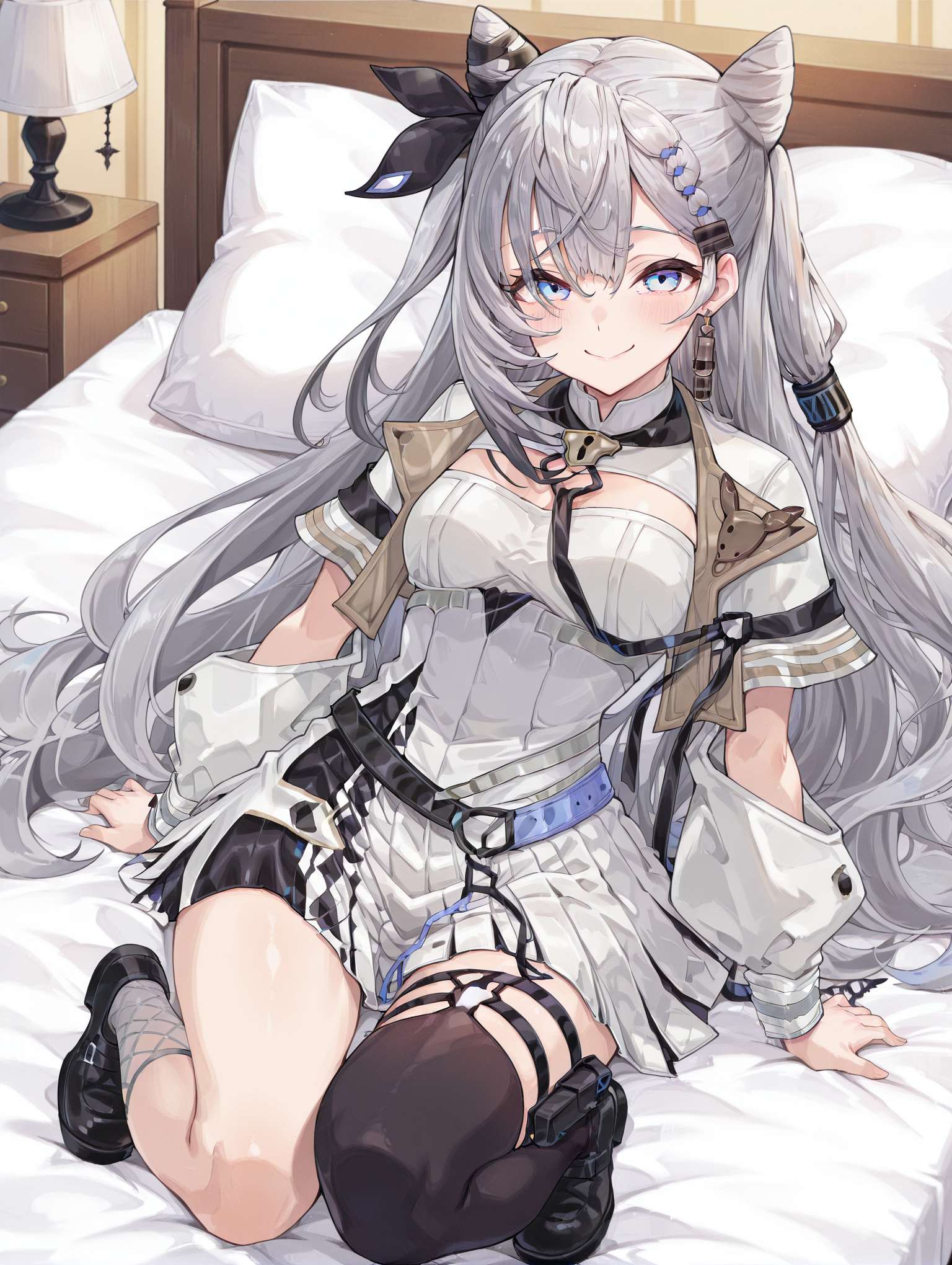 masterpiece,best quality,amazing quality, 1girl, vestia zeta, virtual youtuber, cone hair bun, long hair, hair bun, grey hair, dress, bangs, white dress, blue eyes, jewelry, jacket, double bun, white jacket, thighhighs, black footwear, smile, on the bed, lying on the bed <lora:Vestia_Zeta:1>