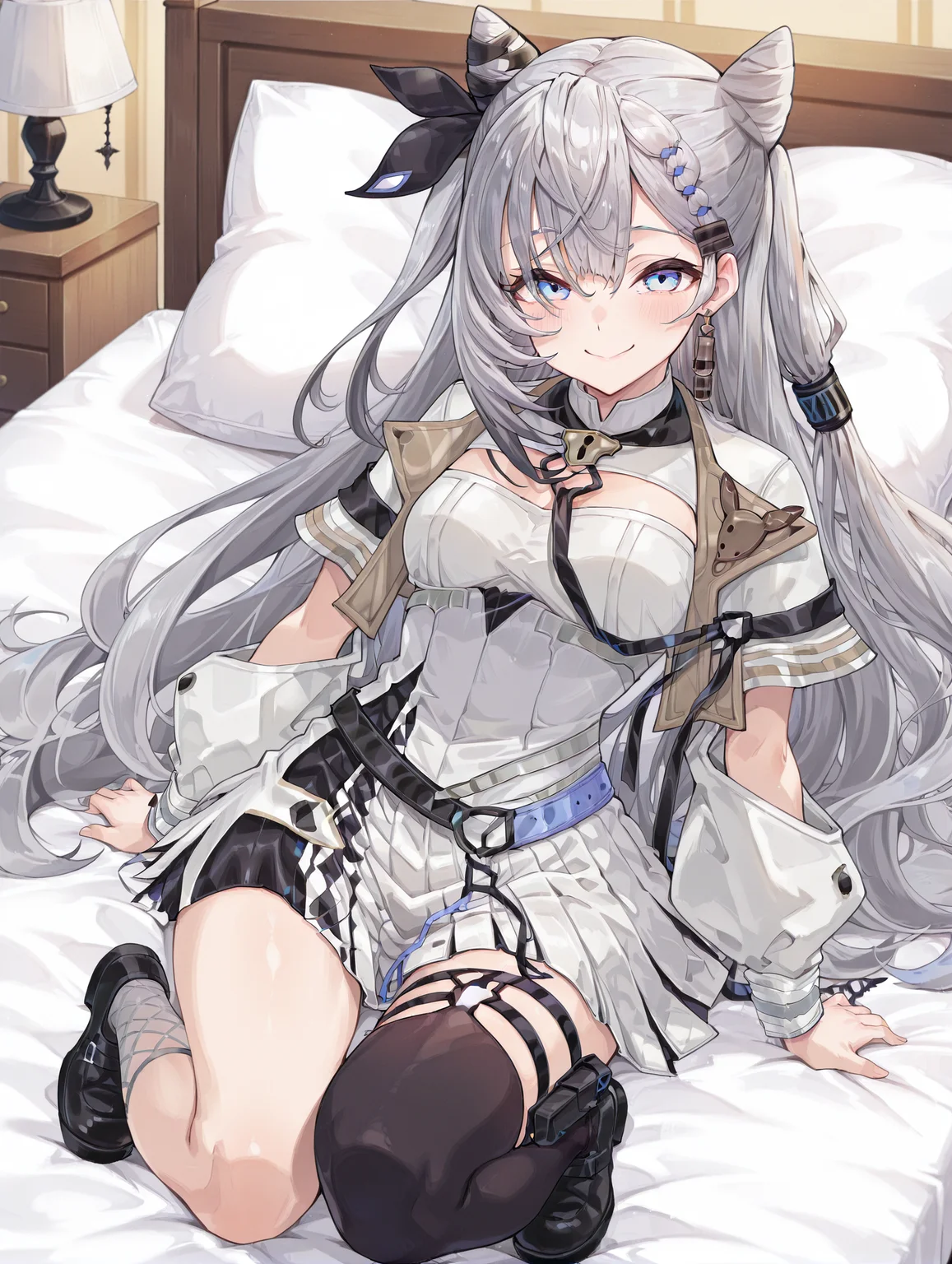 masterpiece,best quality,amazing quality, 1girl, vestia zeta, virtual youtuber, cone hair bun, long hair, hair bun, grey hair, dress, bangs, white dress, blue eyes, jewelry, jacket, double bun, white jacket, thighhighs, black footwear, smile, on the bed, lying on the bed <lora:Vestia_Zeta:1>