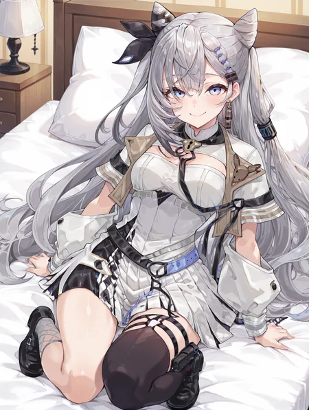 masterpiece,best quality,amazing quality, 1girl, vestia zeta, virtual youtuber, cone hair bun, long hair, hair bun, grey hair, dress, bangs, white dress, blue eyes, jewelry, jacket, double bun, white jacket, thighhighs, black footwear, smile, on the bed, lying on the bed <lora:Vestia_Zeta:1>