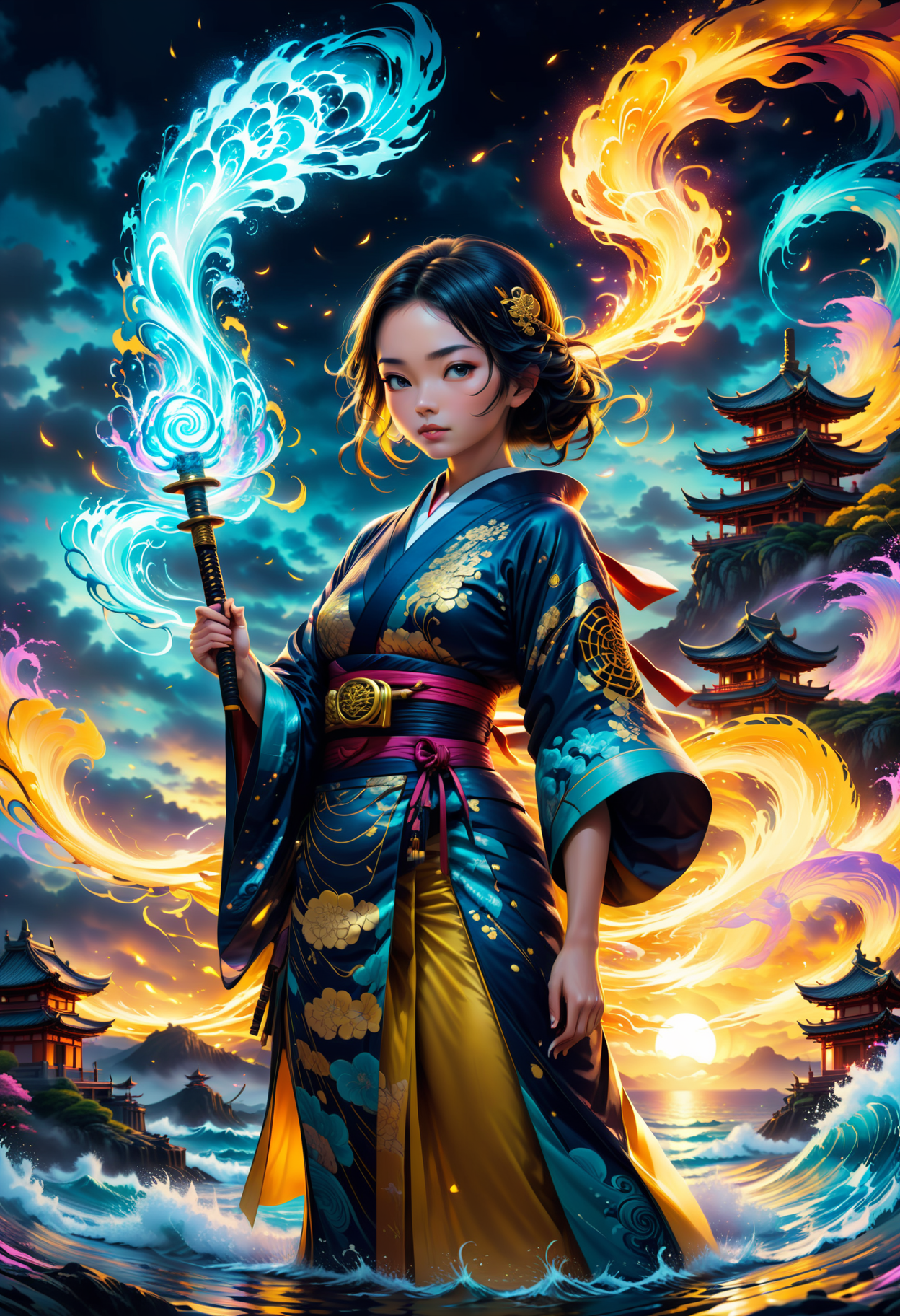 , dramatic lighting, dynamic pose, woman in futuristic kimono holding a yellow glowing katana,samurai,sunset,cinematic cinematic photo with dramatic lighting, (3d, Seascape) House, colorful volumetric mad-marbled-paper fog, Vaporizer, Enhanced 3D Metrics, Depth pad 7, Event Horizion, Hendra Data, woman, mad-hrmtcwzrd, intricatly ornated, magic runes, <lora:add-detail-xl:1>  <lora:SDXLFaeTastic2400:1>