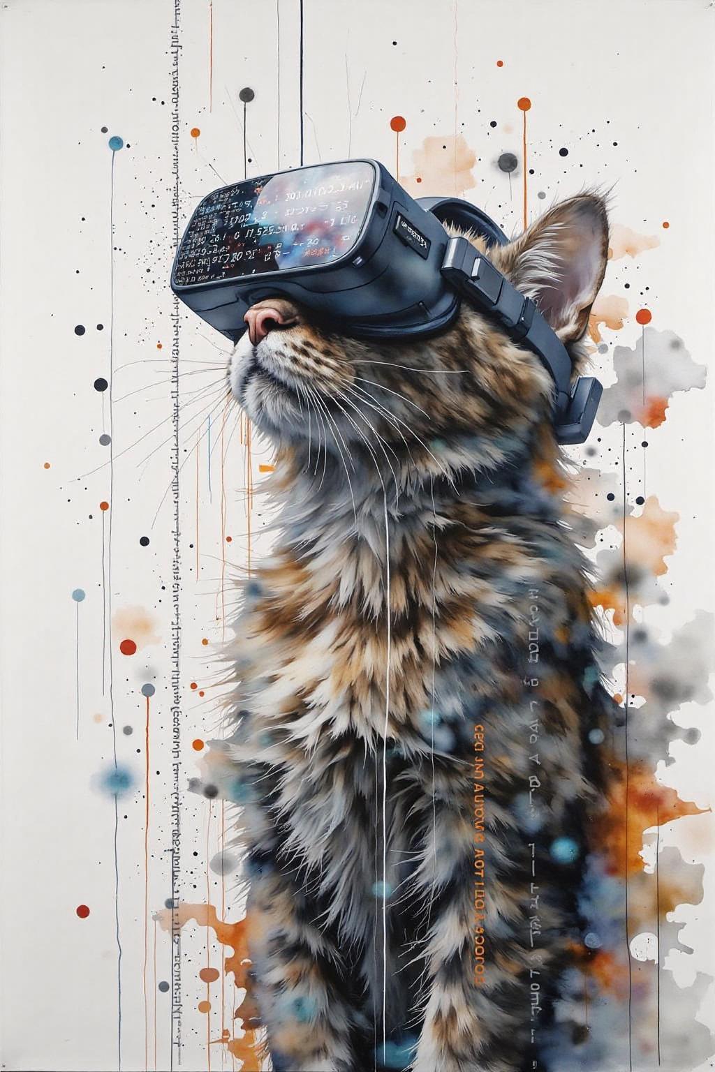 yawc1 watercolor. A matrix code waterfall is filling the screen, double exposure with A cat playing game, wearing a VR Headset, looking up. The headset is displaying the matrix code waterfall   <lora:yawcolor_nocap1_d4a2:1.0> <lora:Flux-Sch-SingleBlocks-BF16:1.0><lora:799524169776857508:0>