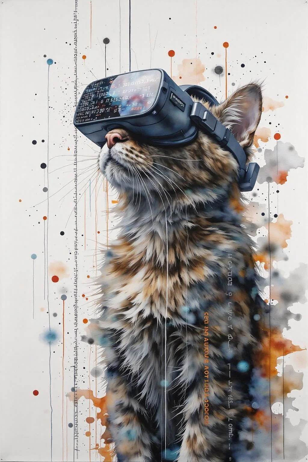 yawc1 watercolor. A matrix code waterfall is filling the screen, double exposure with A cat playing game, wearing a VR Headset, looking up. The headset is displaying the matrix code waterfall <lora:yawcolor_nocap1_d4a2:1.0> <lora:Flux-Sch-SingleBlocks-BF16:1.0><lora:799524169776857508:0>