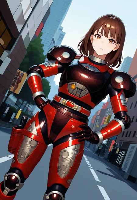 1girl, solo, R3ddle, armor, bodysuit, shoulder pad, gloves, belt, kneepad, holster, brown hair, brown eyes, cowboy shot, dutch angle, looking at viewer, shiny clothes, hand on hip,
outdoors, city,
best quality, very aesthetic, masterpiece,