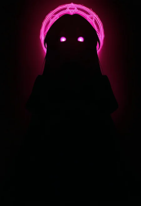 masterpiece, best quality, newest, absurdres, highres, DonM3lv3sXL, civchan, dramatic angle, dramatic lighting, pink magic circle, glow, glowing eyes