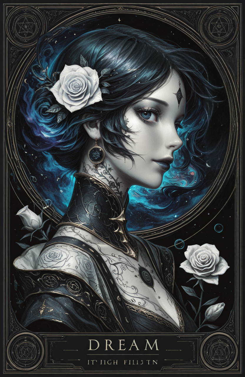 Fantasy Style,Grunge,masterpiece,high_quality,highres,woman,portrait,monochromatic color,black,
ethereal woman in soft light,shadow crawling behind her expression,neutral,looking at viewer,dream or illusion,palette porcelain skin,pale rose,deep black,style surreal,cinematic,angle half-lit portrait,profile,
circle,silhouette,glass fragments,
BREAK.,<lora:Tarot:1>,