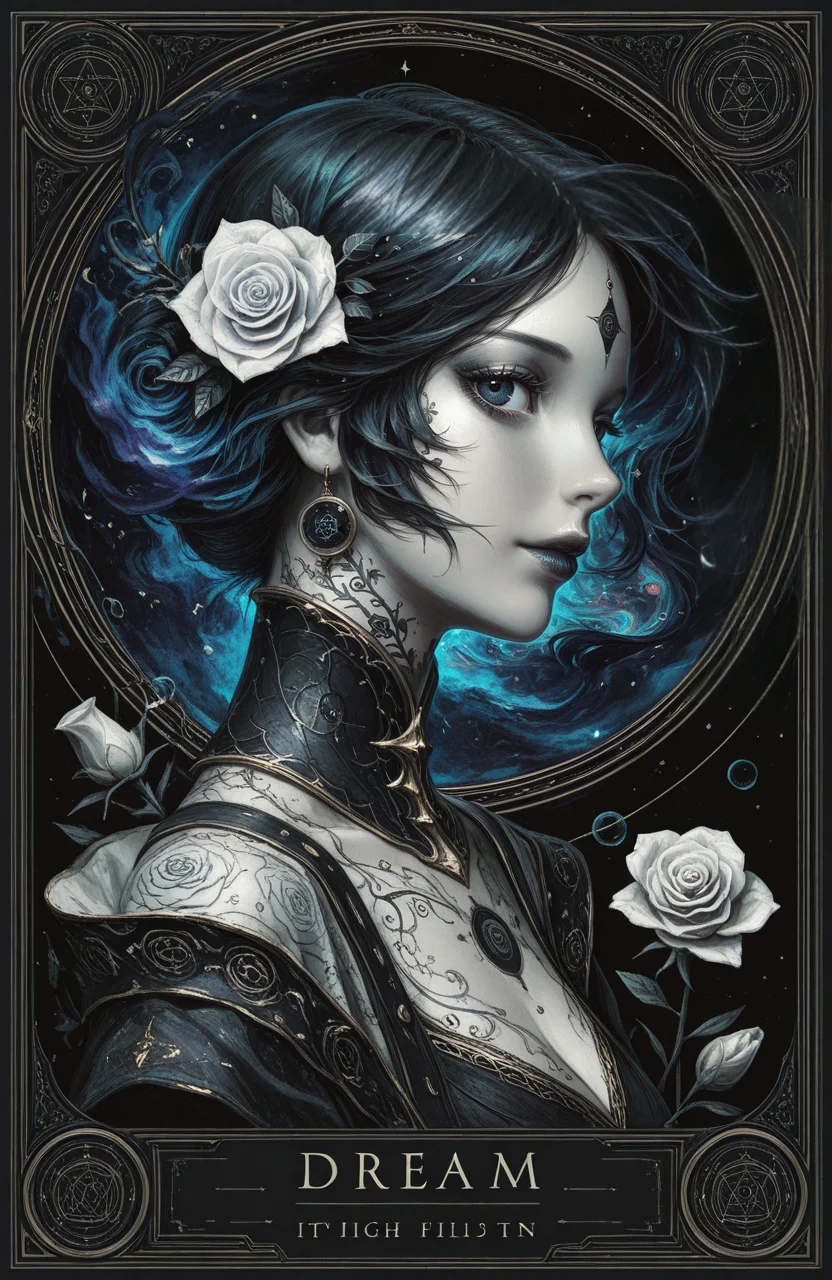 Fantasy Style,Grunge,masterpiece,high_quality,highres,woman,portrait,monochromatic color,black,
ethereal woman in soft light,shadow crawling behind her expression,neutral,looking at viewer,dream or illusion,palette porcelain skin,pale rose,deep black,style surreal,cinematic,angle half-lit portrait,profile,
circle,silhouette,glass fragments,
BREAK.,<lora:Tarot:1>,