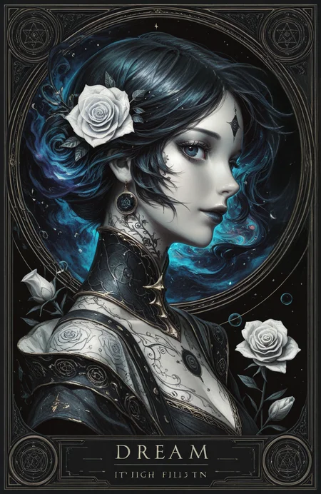 Fantasy Style,Grunge,masterpiece,high_quality,highres,woman,portrait,monochromatic color,black,
ethereal woman in soft light,shadow crawling behind her expression,neutral,looking at viewer,dream or illusion,palette porcelain skin,pale rose,deep black,style surreal,cinematic,angle half-lit portrait,profile,
circle,silhouette,glass fragments,
BREAK.,<lora:Tarot:1>,