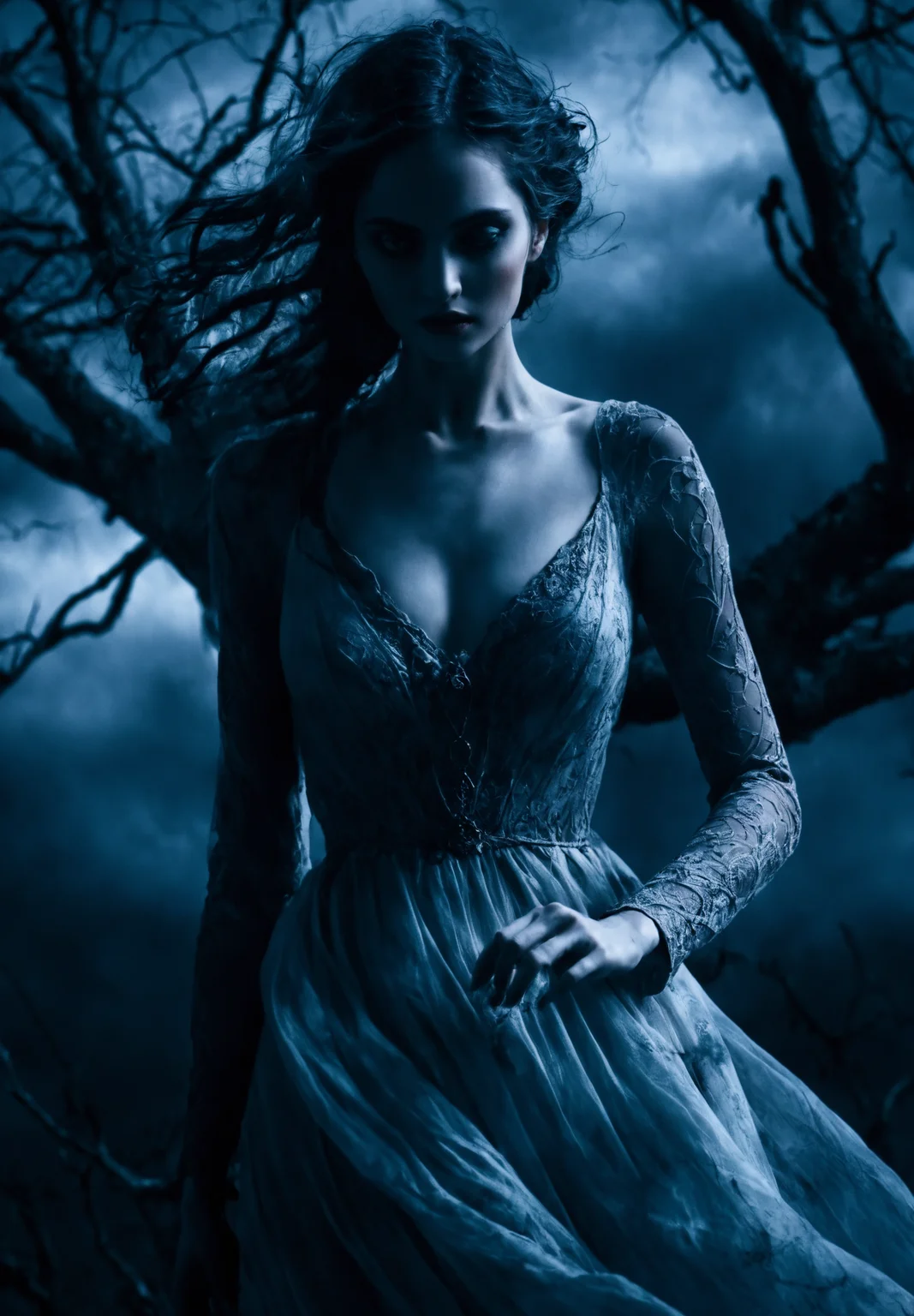 Gothic art, dark tones, intricate details, dramatic lighting, high contrast, medieval influence, mysterious, curvy, atmospheric, moody, haunting beauty, sharp shadows, textured, ethereal woman floating in the clouds, bare tree, expressive face, flowing dress, dynamic pose