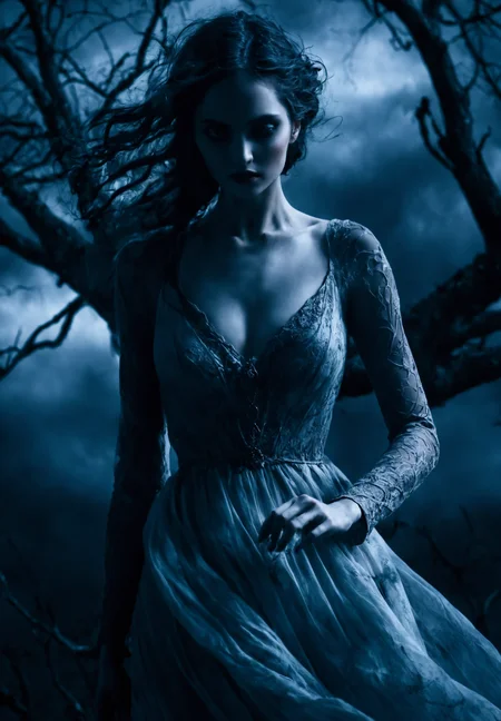 Gothic art, dark tones, intricate details, dramatic lighting, high contrast, medieval influence, mysterious, curvy, atmospheric, moody, haunting beauty, sharp shadows, textured, ethereal woman floating in the clouds, bare tree, expressive face, flowing dress, dynamic pose