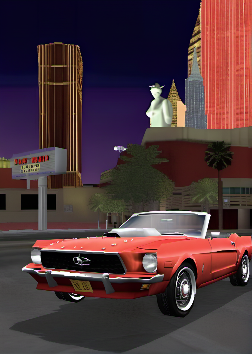 a classic red mustang car parked in las vegas strip at night, (ps1 style:1),  <lora:ps1_style_SDXL_v1:1>, (game screenshot), (computer generated image)