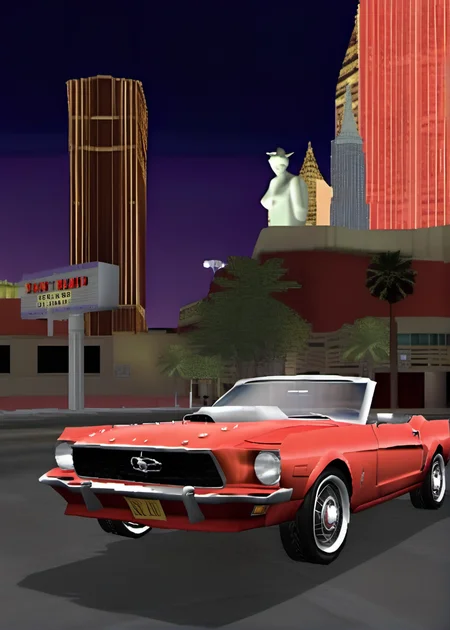 a classic red mustang car parked in las vegas strip at night, (ps1 style:1), <lora:ps1_style_SDXL_v1:1>, (game screenshot), (computer generated image)