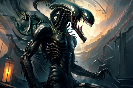 (otherworldly), highly insanely detailed, masterpiece, top quality, best quality, highres, 4k, 8k, RAW photo, (very aesthetic, beautiful and aesthetic),  
xenomorph,alien \(series\),1other,xenomorphdna,FemXeno,xenomilf,nested mouths,multiple mouths,extra mouth,fangs,teeth,sharp teeth,fang,claws,tail,spiked tail,spines,monster,tree,green blood,blood,steam,monitor,leash,skull,stairs,machinery,warship,egg,ovomorph,ventilation shaft,sparkle,capsule,see-through,science fiction,incoming attack,dark,death, 
<lora:FemXeno:1>, 
(1girl:1.3), eyes focus, 
silver grey background,âââ