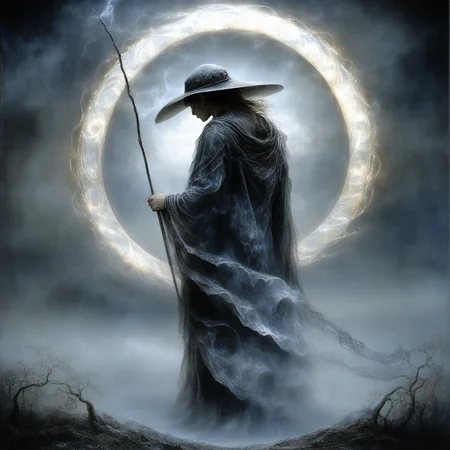 Ethereal Gothic Elegance, The image is a digital art piece that appears to be a fantasy or sci-fi scene. It shows a person standing in a foggy landscape with a large circular halo in the background. The person is wearing a long dark cloak and a hat and is holding a long staff in their right hand. The cloak is draped over their body and their left hand is resting on their hip. The halo is made up of a series of curved lines that form a circle around the person's head creating a sense of depth and dimension. The background is filled with dark clouds and fog giving the image a mysterious and eerie feel. The overall mood of the image is dark and ominous., moon, solo, hat, staff, holding, 1boy, holding staff, tree, male focus, bare tree